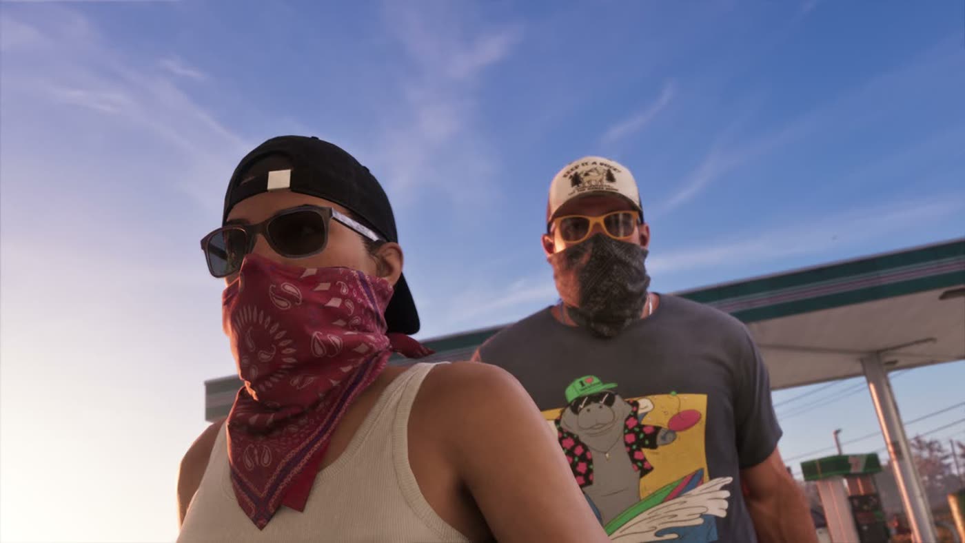 Jason and Lucia wearing bandanas over their faces before robbing a store in GTA 6