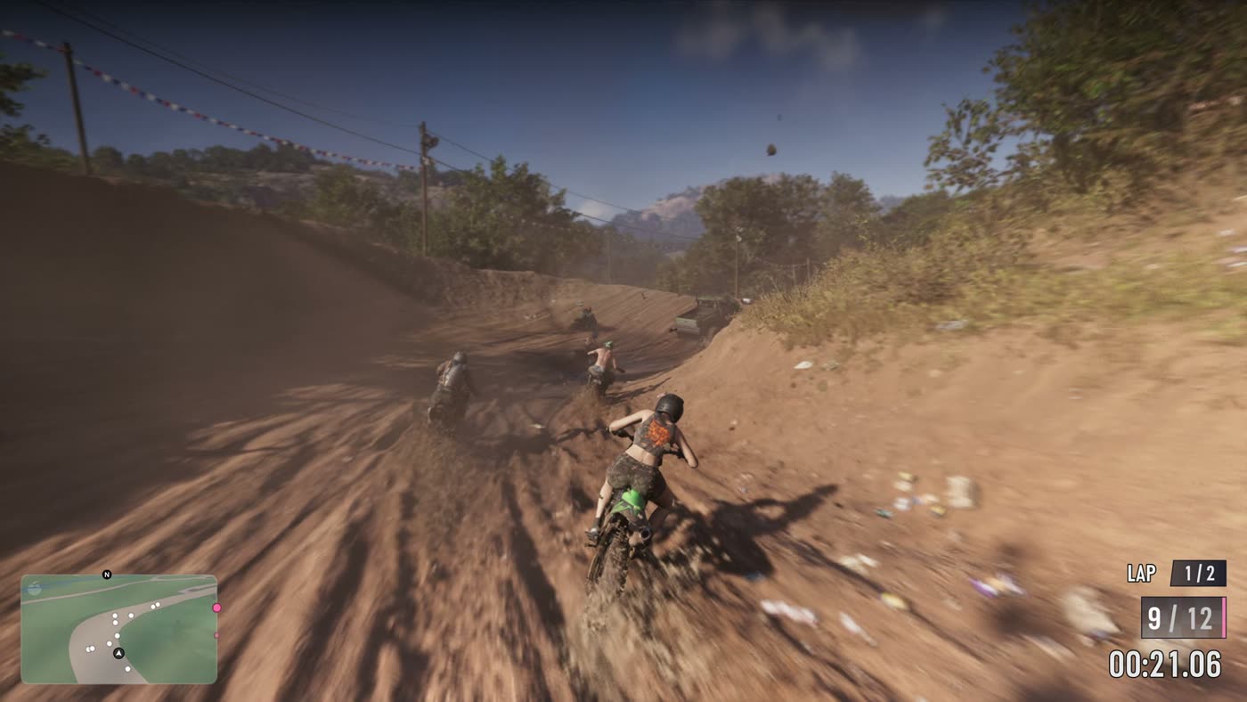 A GTA 6 motocross race on a dirt track showing lap 1 of 2 and position 9 of 12