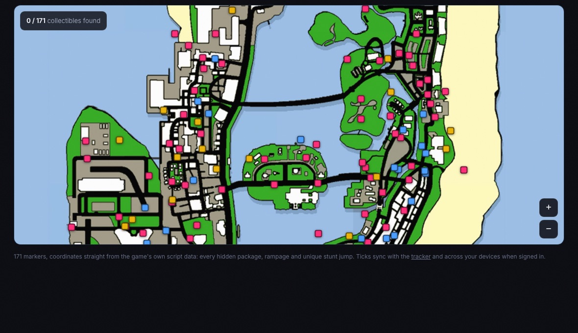The ProgressBar Vice City interactive map with 171 collectibles plotted
